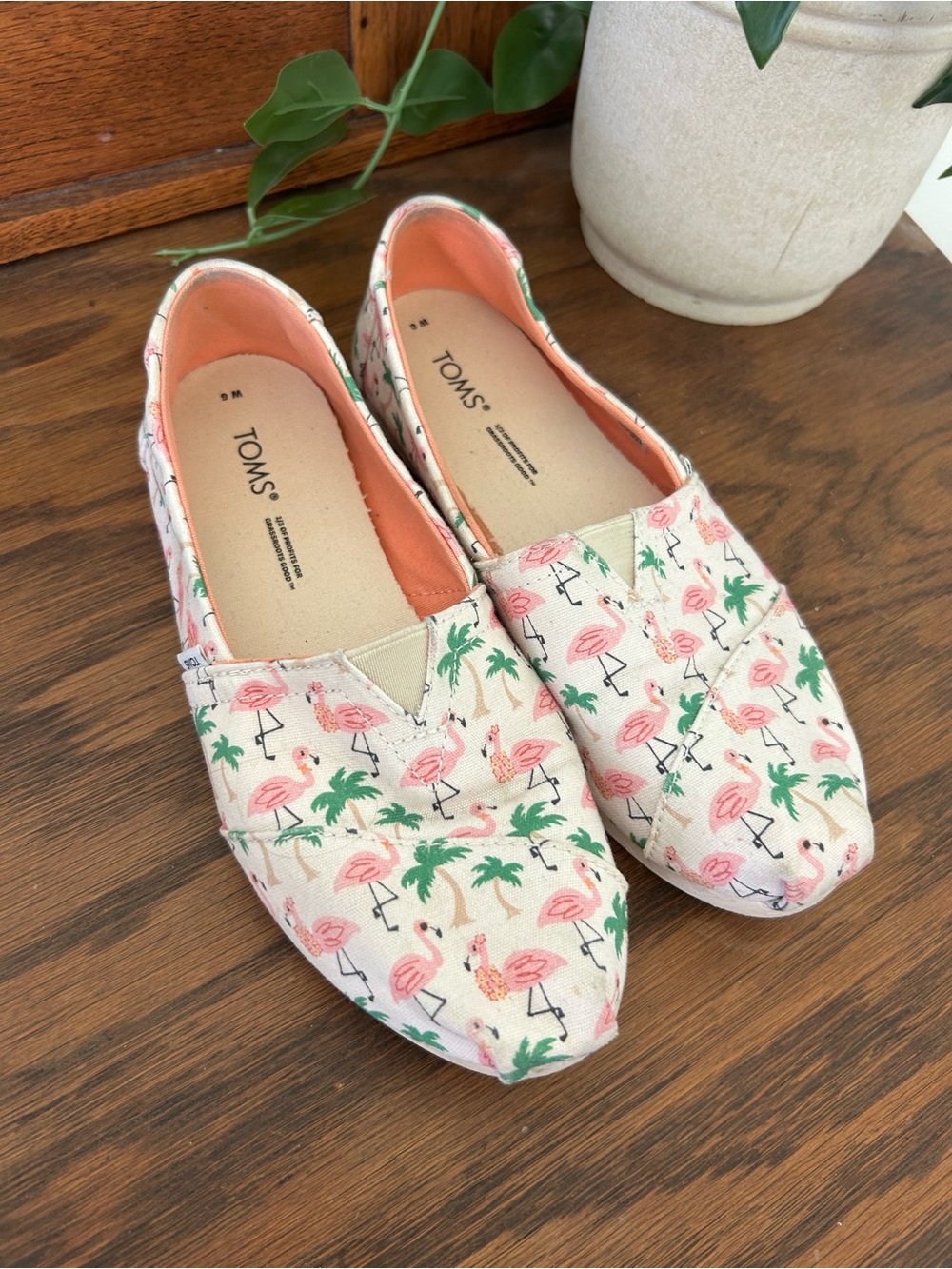 TOMS Women's Flamingo & Palm Print Canvas Slip-Ons in Pink and Green